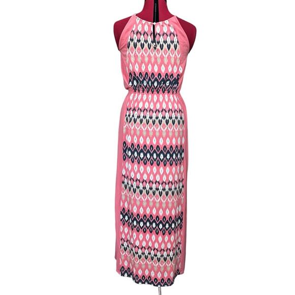 New York & Company High Neck Maxi Dress in Pink Geometric Pattern S/M - Picture 2 of 10